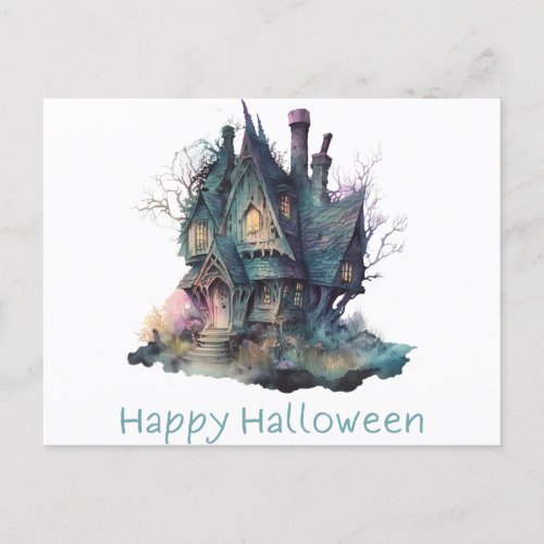 Happy Halloween Haunted House Green Pink Halloween Holiday Postcard