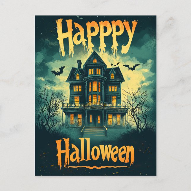 Happy Halloween Haunted House Holiday Postcard (Front)
