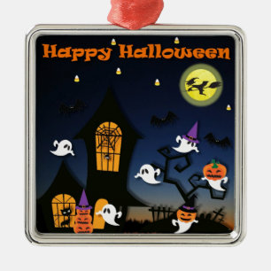 Happy Halloween Haunted House Metal Ornament