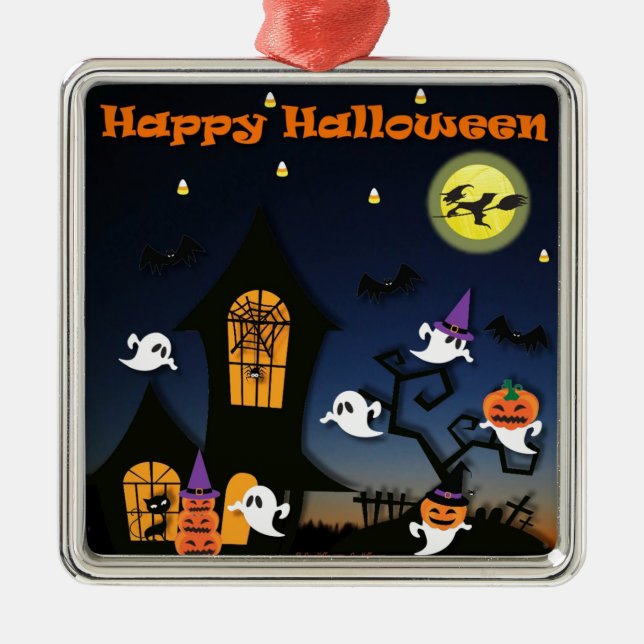 Happy Halloween Haunted House Metal Ornament (Front)