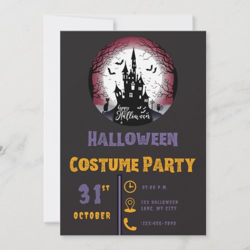 Happy Halloween Haunted House Moon Black Halloween Invitation