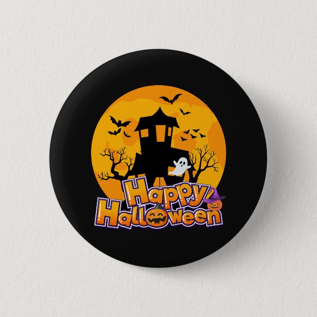 Happy Halloween Haunted House Moon Button (Front)