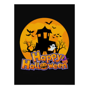 Happy Halloween Haunted House Moon Poster