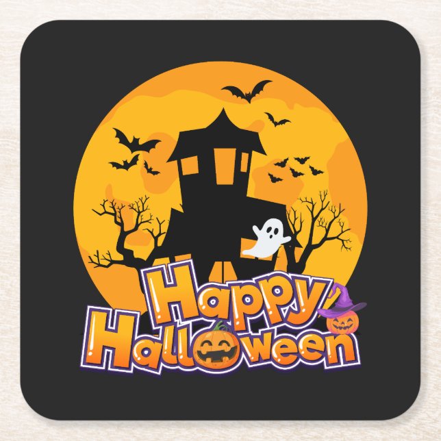 Happy Halloween Haunted House Moon Square Paper Coaster (Front)