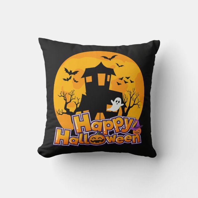 Happy Halloween Haunted House Moon Throw Pillow (Front)