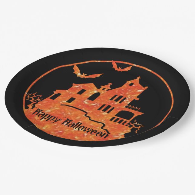 Happy Halloween Haunted House Paper Plates (Angled)