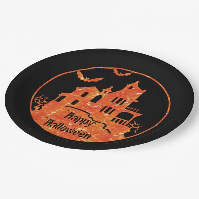 Happy Halloween Haunted House Paper Plates (Angled)
