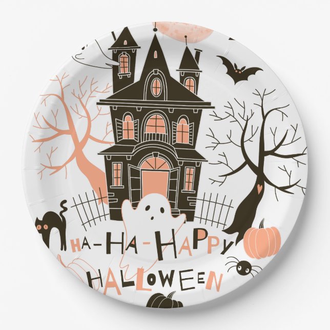 Happy Halloween Haunted House Paper Plates (Front)