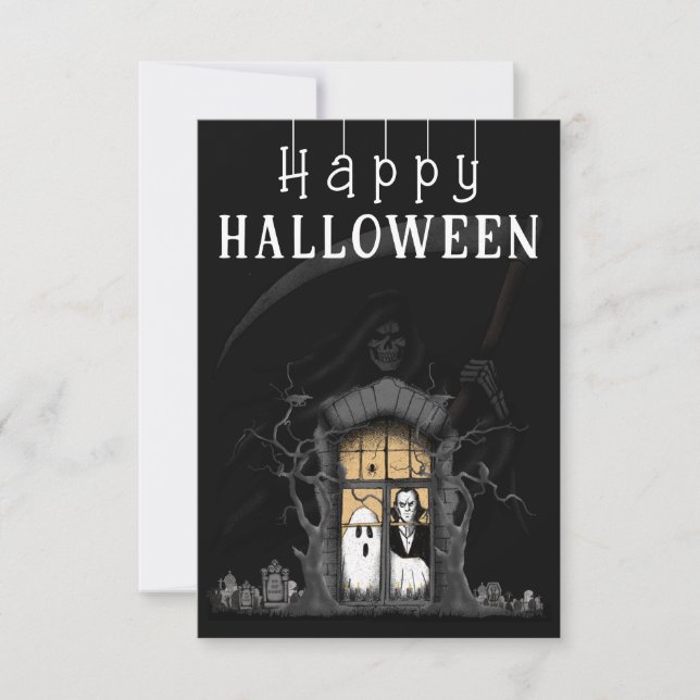 Happy Halloween Haunted House Photo Thank You Card (Front)