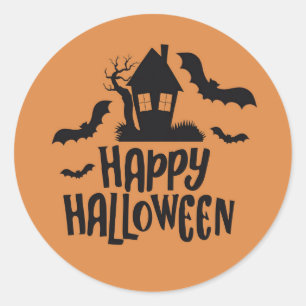 Happy Halloween haunted house spooky bat orange Classic Round Sticker