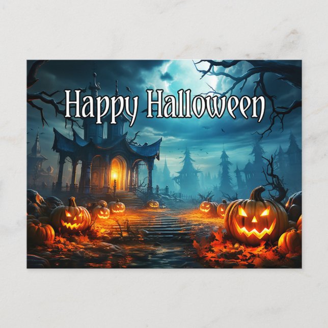 Happy Halloween Haunted House & Spooky Pumpkins Postcard (Front)