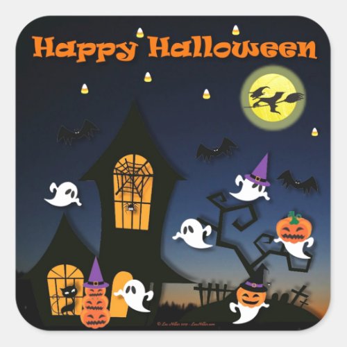 Happy Halloween Haunted House Square Sticker