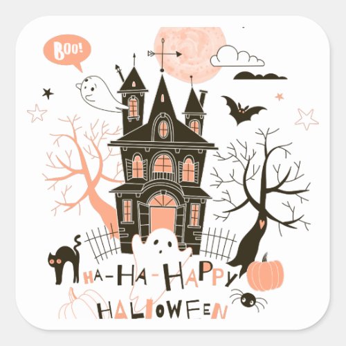 Happy Halloween Haunted House Square Sticker
