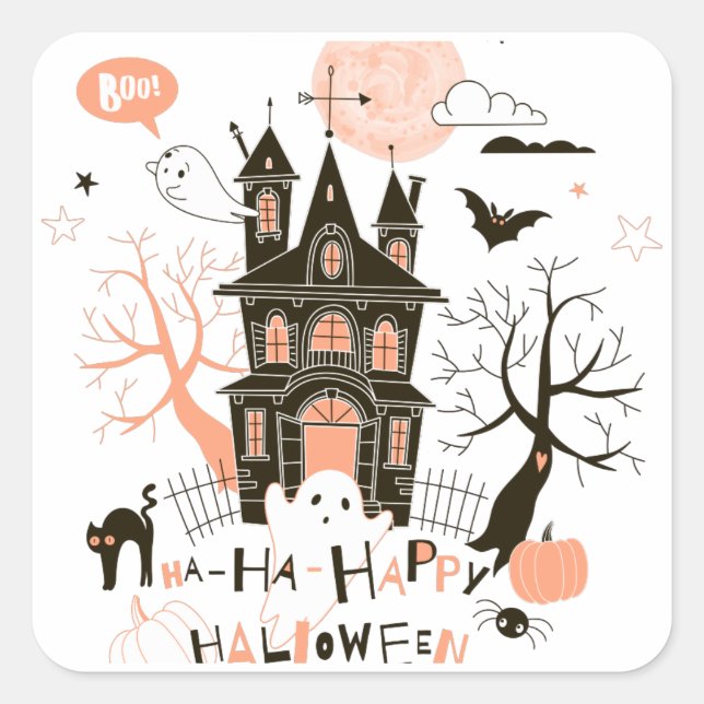 Happy Halloween Haunted House Square Sticker (Front)