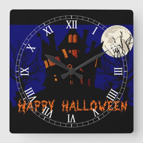 Happy Halloween Haunted House Square Wall Clock