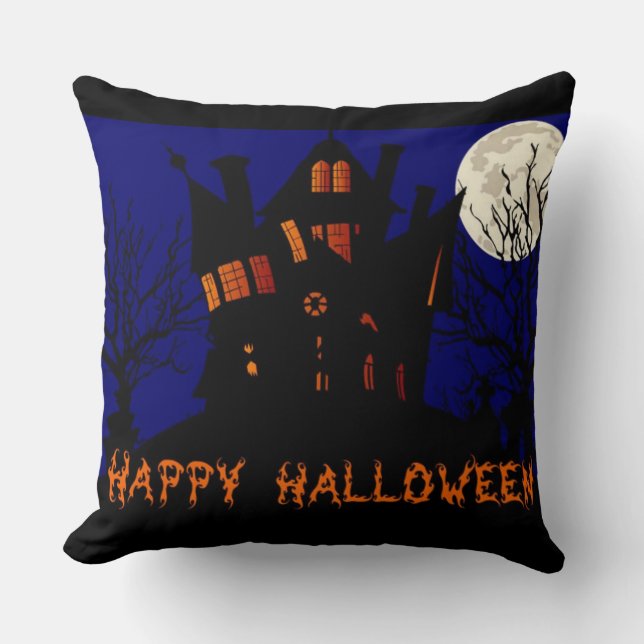 Happy Halloween Haunted House Throw Pillow (Front)