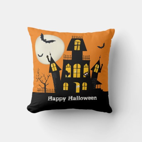 Happy Halloween Haunted House Throw Pillow