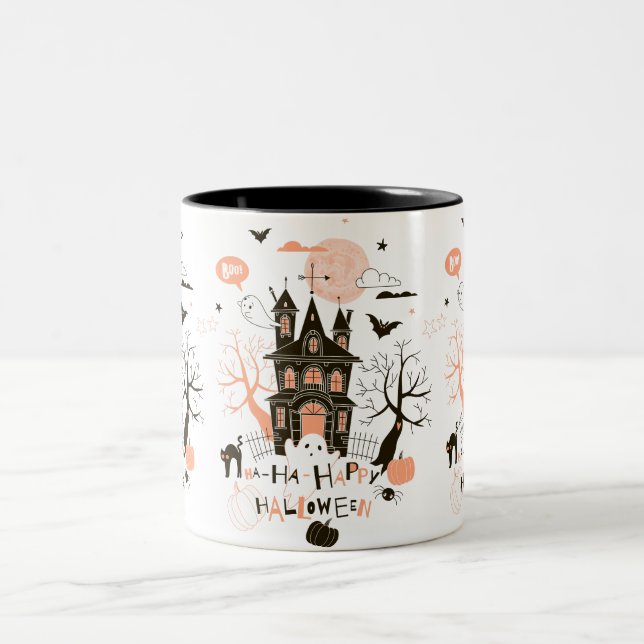 Happy Halloween Haunted House Two-Tone Coffee Mug (Center)