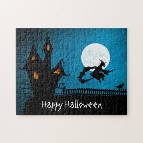 Happy Halloween Haunted House Witch Broomstick Cat Jigsaw Puzzle