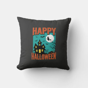 Happy Halloween Haunted House Witch Design Throw Pillow