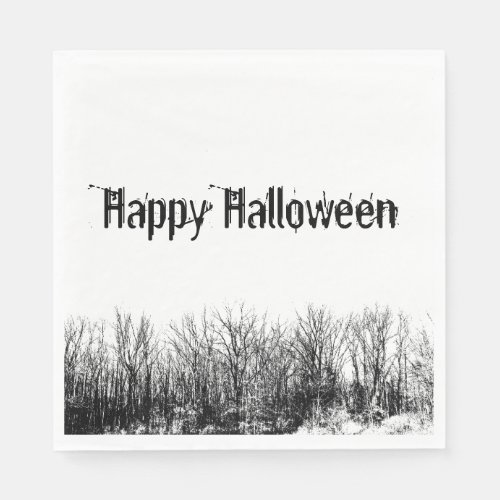 Happy Halloween Haunted Woods Black White Napkins