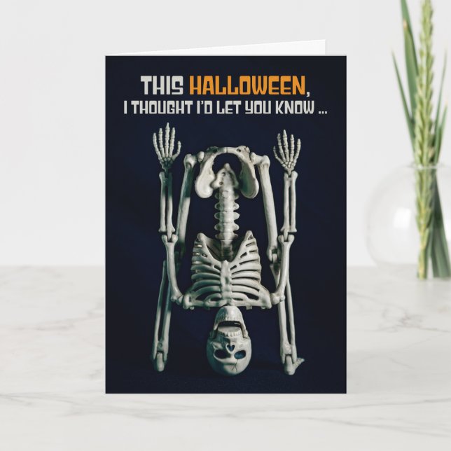Happy Halloween Head Over Heels Skeleton Holiday Card (Front)