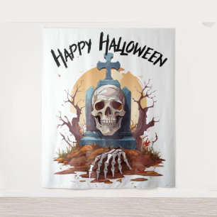 Happy Halloween Head Stone And Skeleton Tapestry