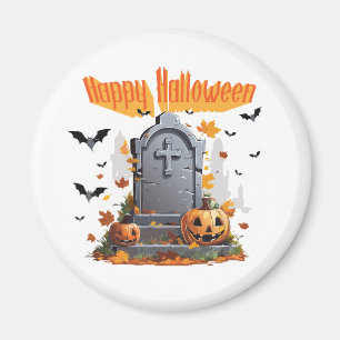Happy Halloween Head Stone And Vampire Bats Magnet