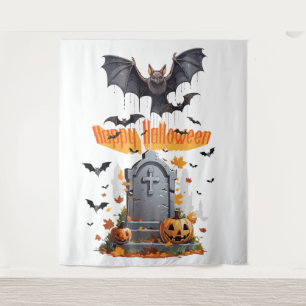Happy Halloween Head Stone And Vampire Bats Tapestry