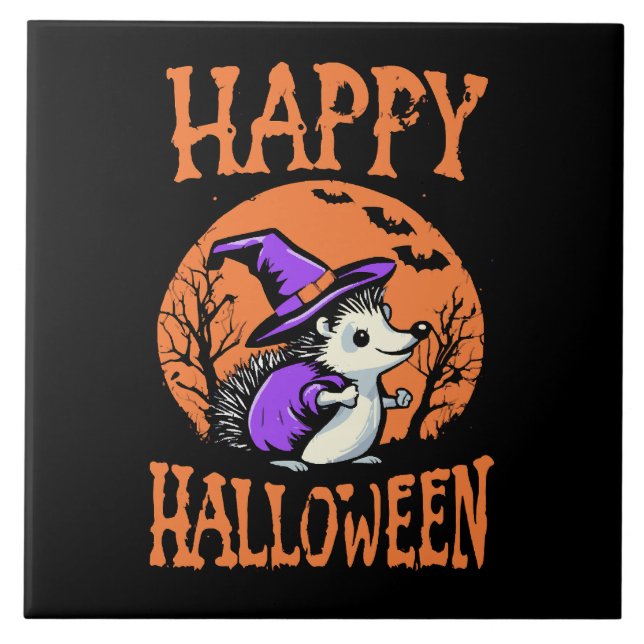 Happy Halloween Hedgehog Witch Ceramic Tile (Front)
