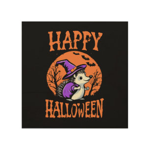 Happy Halloween Hedgehog Witch Wood Wall Art