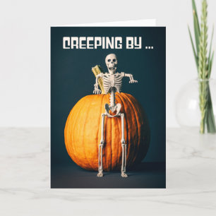 Happy Halloween Hi Creepy Skeleton and Pumpkin Holiday Card