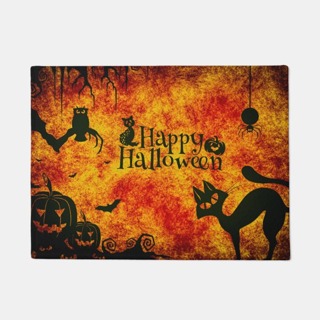 Happy Halloween Holiday Welcome Black Cats Doormat (Front)