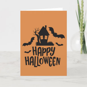 Happy Halloween house spooky bat shadow orange Holiday Card