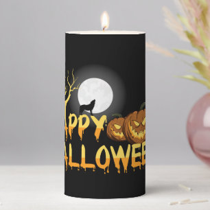 Happy Halloween Howling Wolf and Jack-o-lanterns Pillar Candle