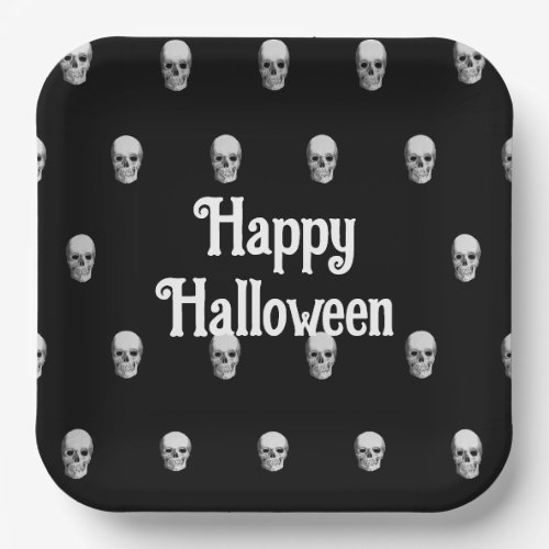 Happy Halloween human skull black paper plates