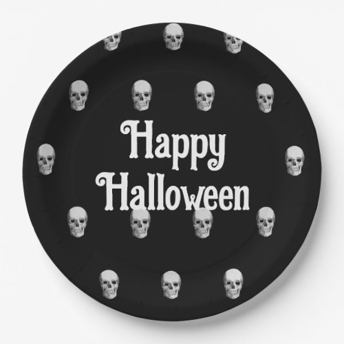 Happy Halloween human skull black paper plates