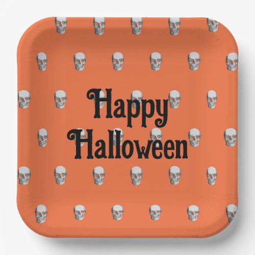 Happy Halloween human skull orange paper plates