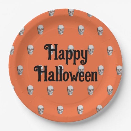 Happy Halloween human skull orange paper plates