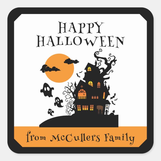 Happy Halloween Hunted House Custom Family Name Square Sticker (Front)