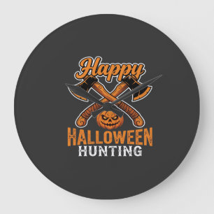 Happy Halloween Hunting Crossed Axes Pumpkin Large Clock