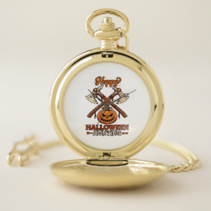 Happy Halloween Hunting Crossed Axes Pumpkin Runes Pocket Watch