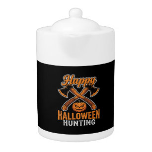 Happy Halloween Hunting Crossed Axes Pumpkin Teapot