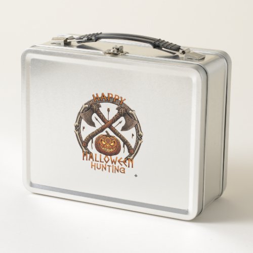 Happy Halloween Hunting Pumpkin Crossed Axes Bone Metal Lunch Box