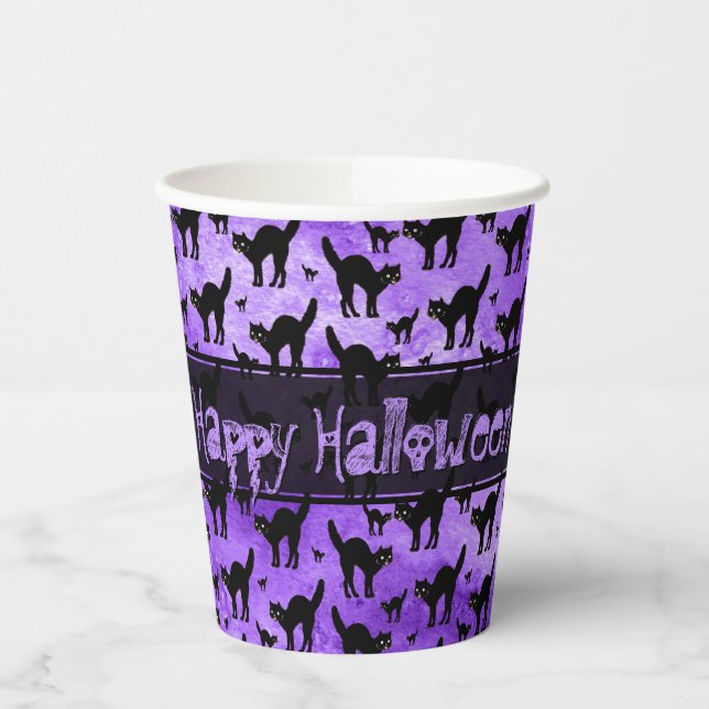 Happy Halloween Iconic Black Cat Silhouette Purple Paper Cups (Left)