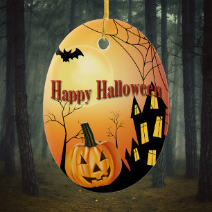 Happy Halloween Jack O' Lantern and Haunted House Ceramic Ornament