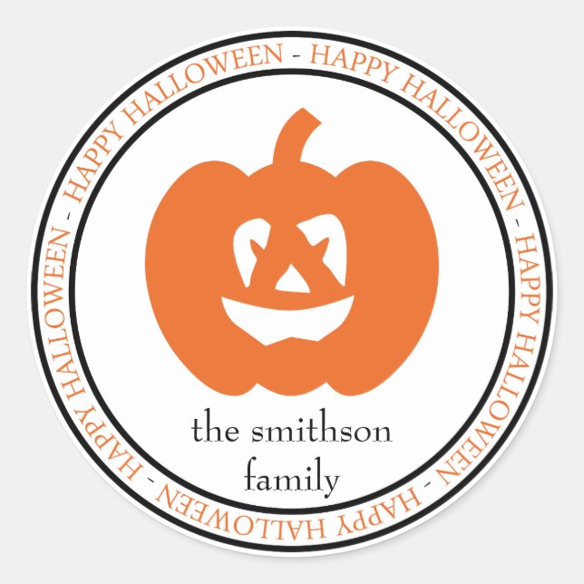 Happy Halloween Jack-O-Lantern (Black / Orange) Classic Round Sticker (Front)