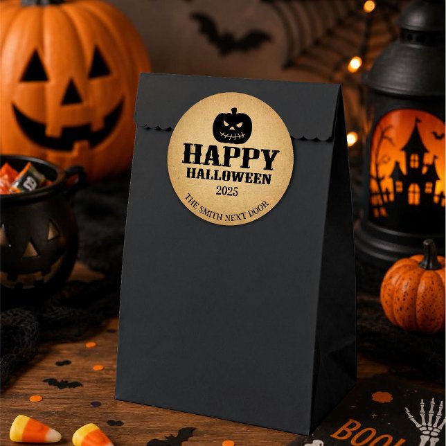 Happy Halloween Jack-O-Lantern Brown Paper Classic Round Sticker (Creator Uploaded)
