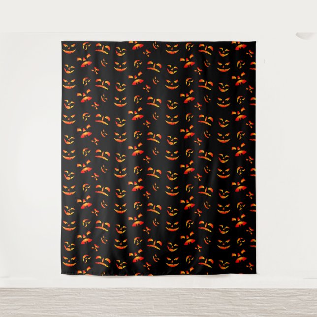 Happy Halloween Jack-O-Lantern Glowing Faces Tapestry (Front)