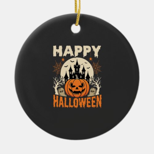 Happy Halloween Jack O Lantern Haunted Castle Ceramic Ornament